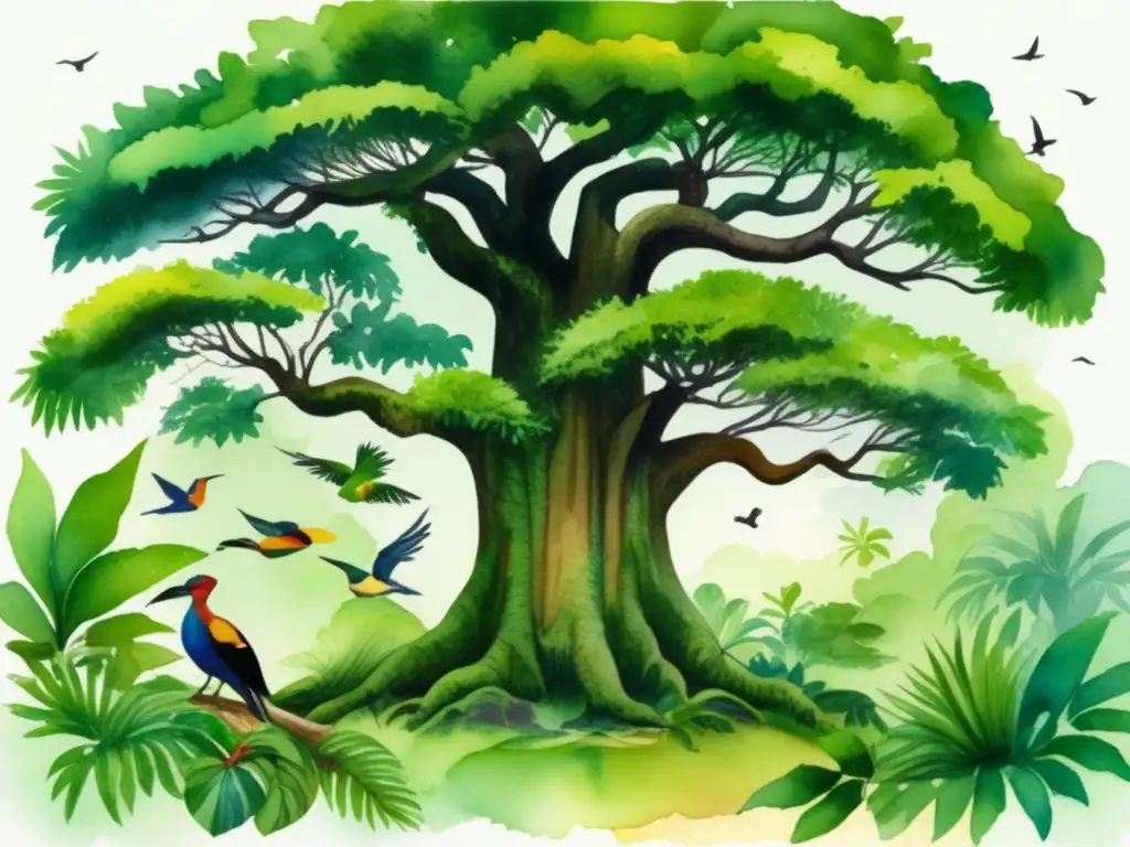 Importancia de la Ceiba en la cultura Maya: exuberante jungla con árbol sagrado, aves coloridas y cascada mistica