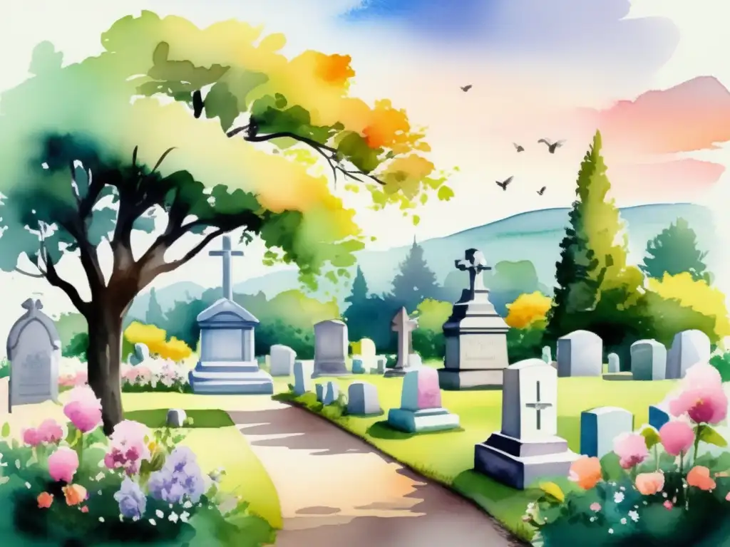 Imagen de cementerio tranquilo con plantas funerarias y simbolismo floral