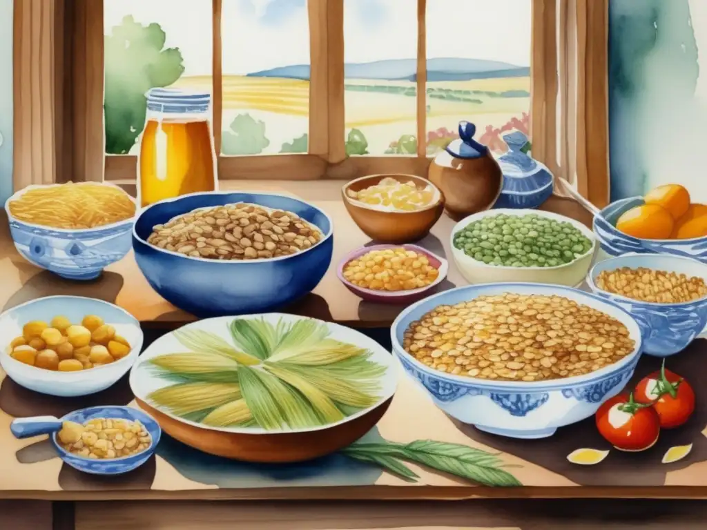 Propiedades culinarias y medicinales de los cereales en una pintura acuarela detallada que muestra la diversidad de cereales alrededor del mundo