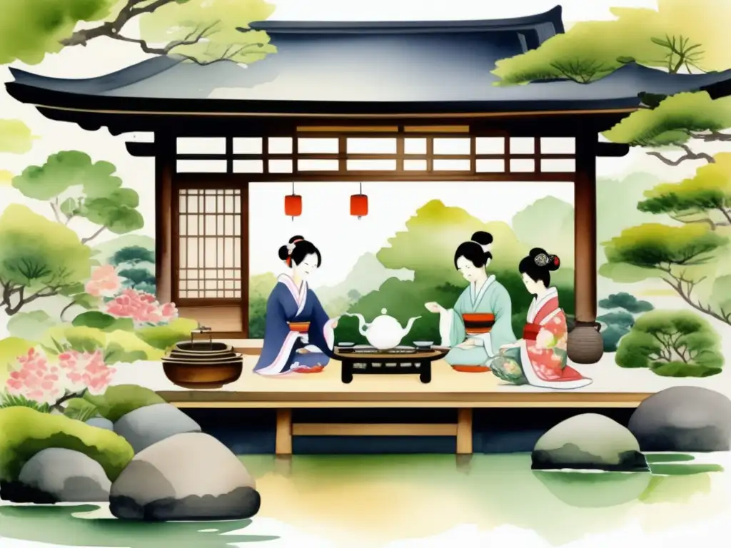 Ceremonia del té tradicional en un jardín japonés sereno