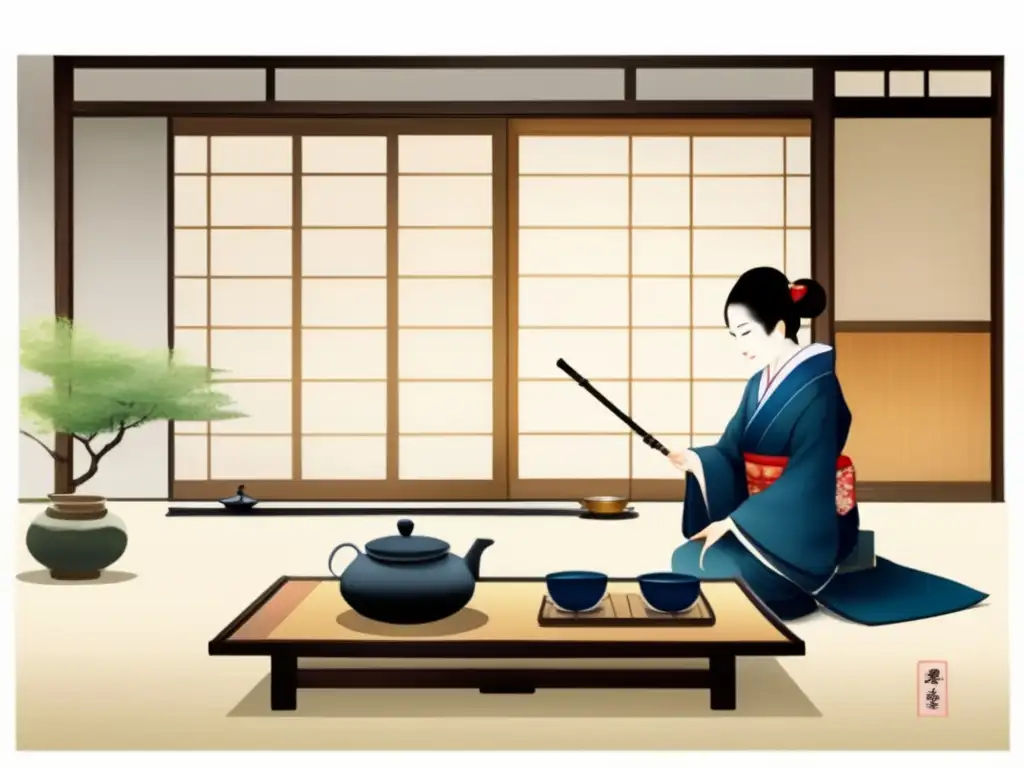 Pintura acuarela: Ceremonia del té tradicional en Japón, con detalles y ambiente sereno (110 caracteres)