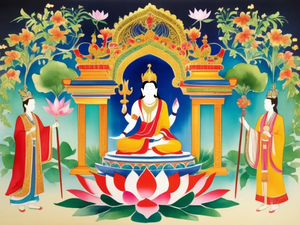 Pintura acuarela de escena ceremonial antigua con plantas en coronación