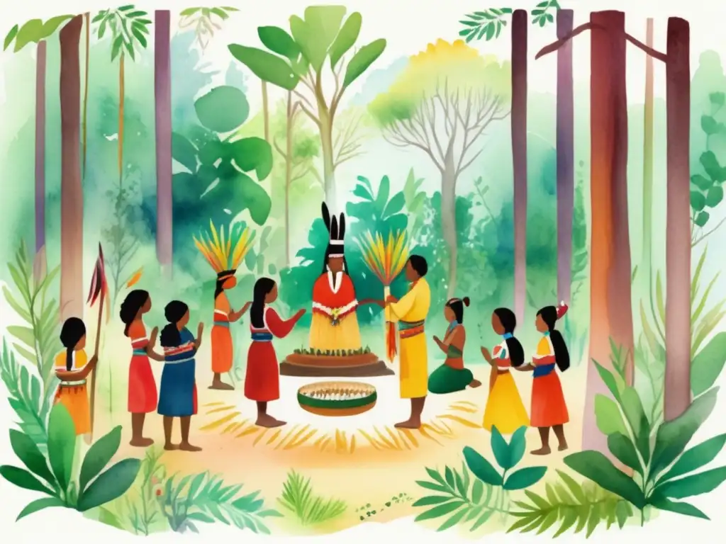 Ceremonia indígena en un bosque exuberante Ceremonia indígena: uso de plantas en rituales, naturaleza vibrante