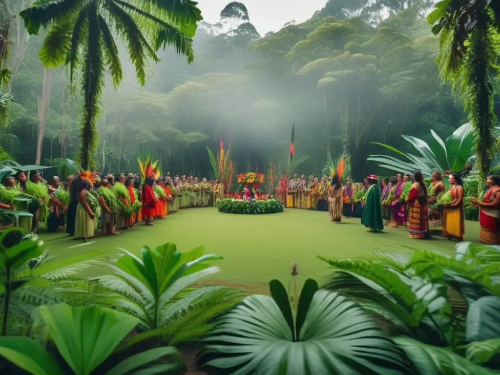 Escena de selva con plantas nativas y ceremonia indígena: Plantas nativas mercado emergente