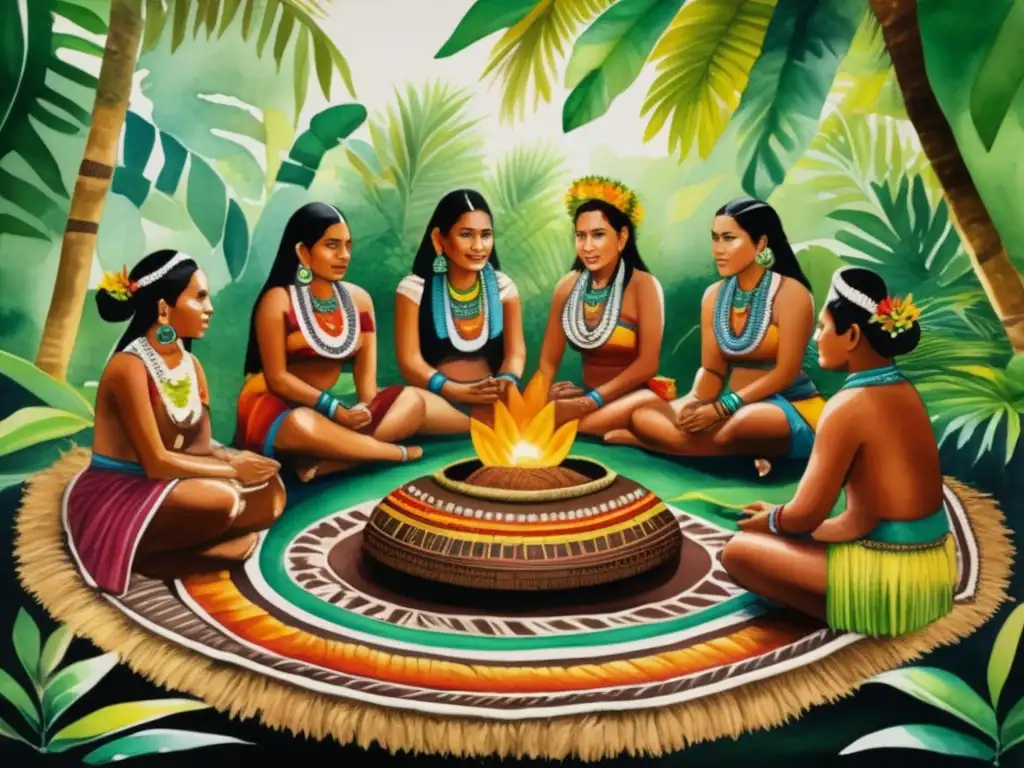 Beneficios del cacao en ceremonias mayas: Pintura acuarela vibrante de una reunión ceremonial maya rodeada de exuberante vegetación tropical