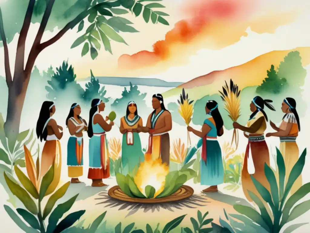 Ilustración acuarela de ceremonia nativa americana con significado espiritual de plantas (110 caracteres)