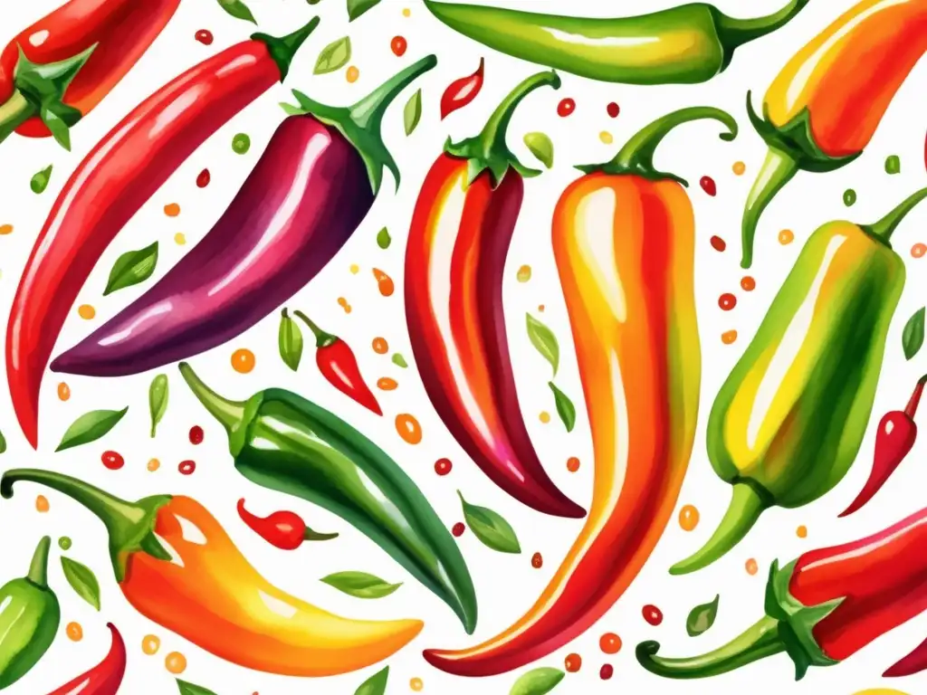 Beneficios medicinales del ají y el picante en ilustración acuarela de chiles vibrantes