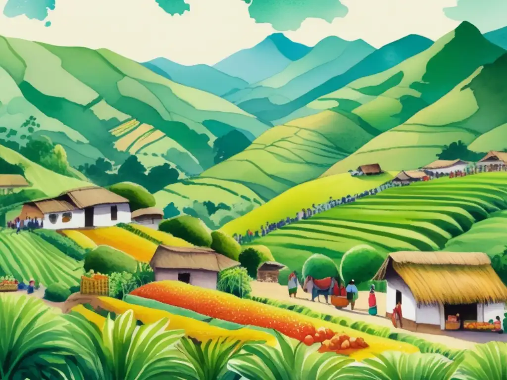 Ilustración vibrante de paisaje peruano con chirimoyas, mercado tradicional y montañas de los Andes