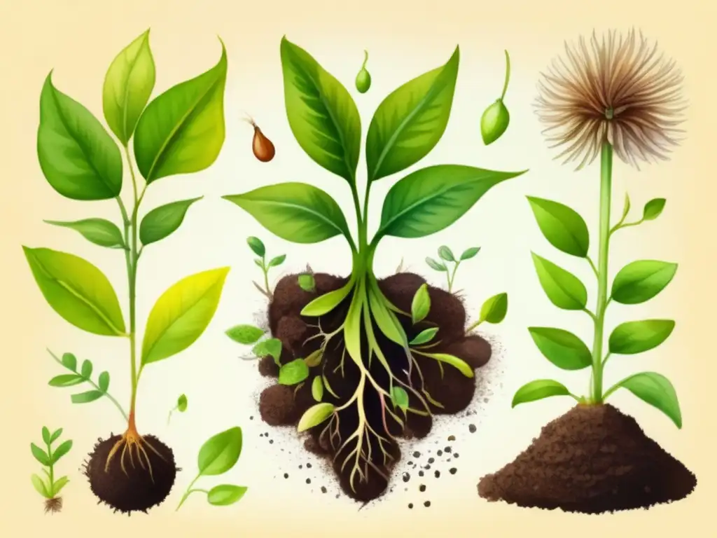 Ilustración acuarela ciclo vida planta: etapas germinación, plántula y crecimiento vegetativo