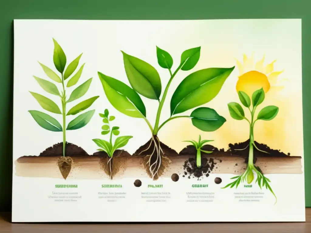 Importancia ciclo vida plantas ecosistemas: pintura acuarela vibrante que muestra etapas del ciclo de vida de una planta