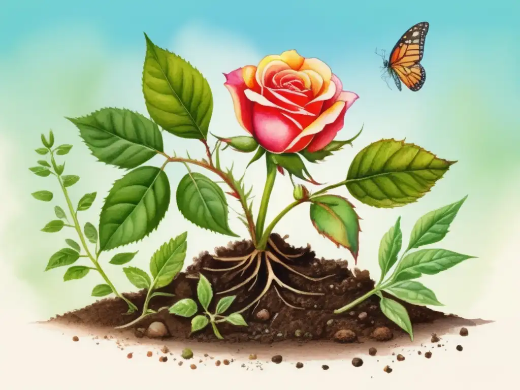 Ilustración acuarela detallada del ciclo de vida completo de las plantas, destacando la rosa