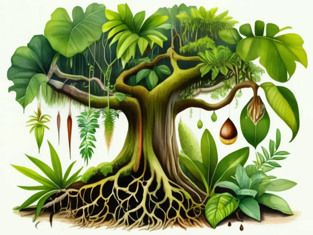 Ciclo de vida de planta epífita en acuarela Ciclo vida plantas epífitas en selva tropical con raíces aéreas y adaptaciones únicas