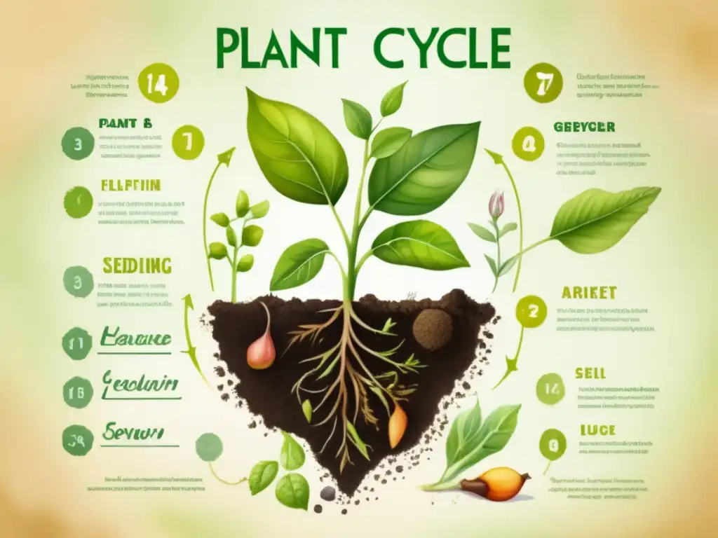 Ilustración acuarela detallada del ciclo de vida de una planta