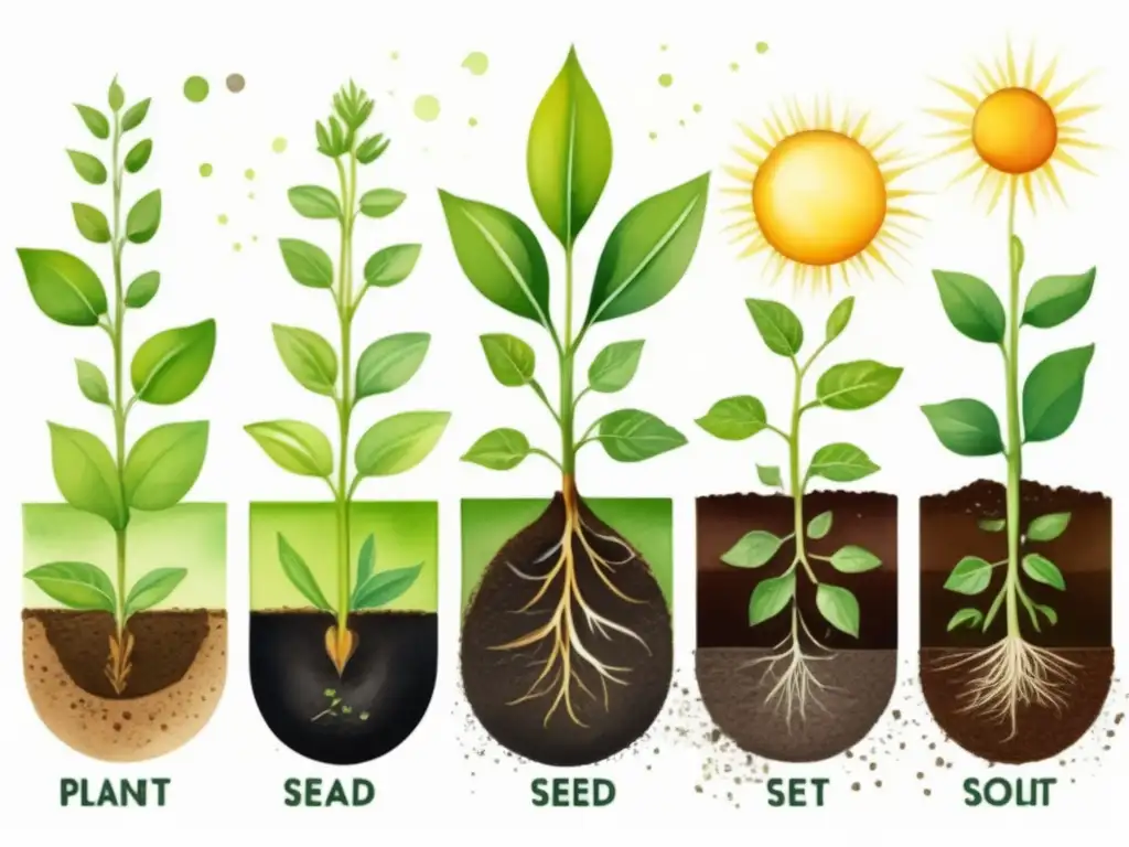 Ilustración acuarela detallada que muestra el ciclo de vida de una planta, con regulación del ciclo de vida de las plantas