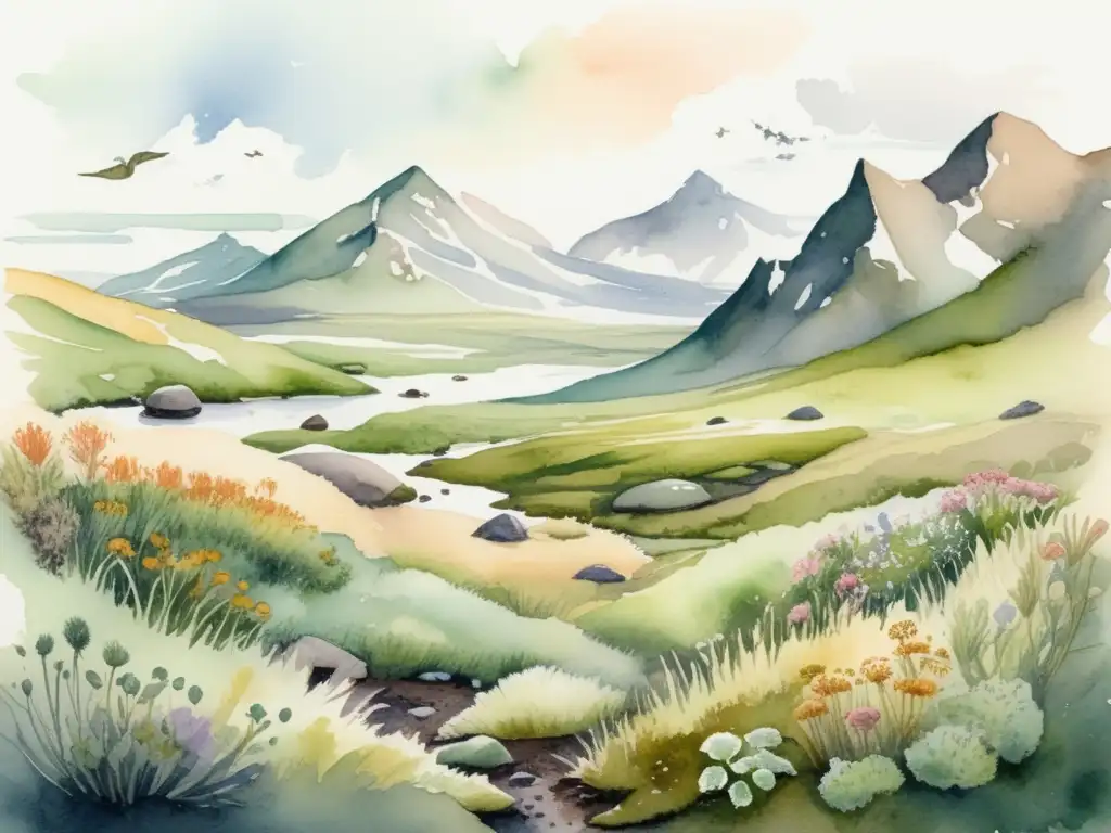 Ciclo de vida plantas Tundra: ilustración acuarela detallada de paisaje sereno en tonos suaves, destacando etapas de crecimiento y supervivencia