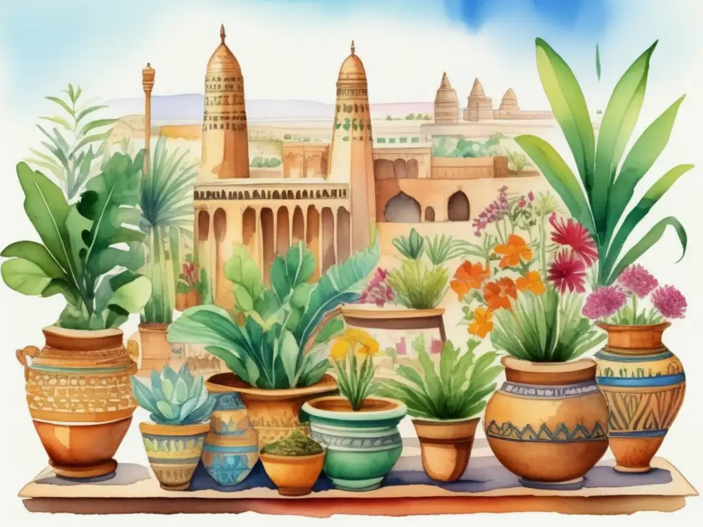 Ilustración detallada de una ciudad mesopotámica vibrante, con plantas ornamentales y ziggurats