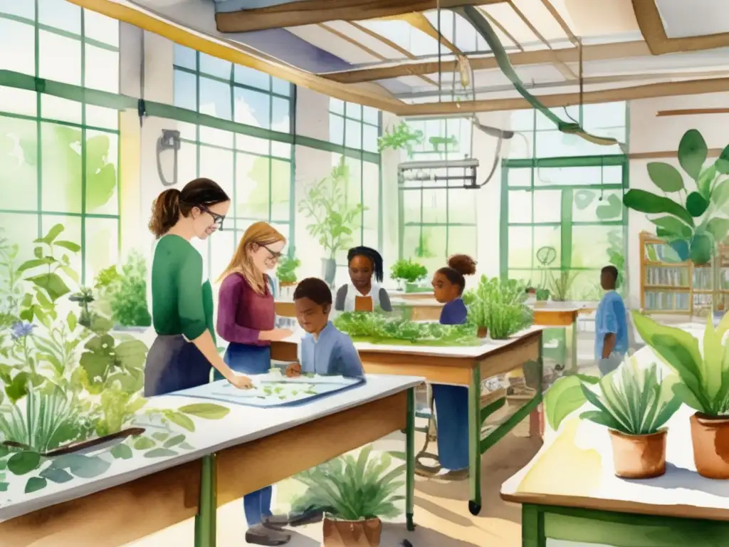 Botánica en educación: aula con plantas, estudiantes experimentando, profesor enseñando anatomía, jardín botánico al fondo