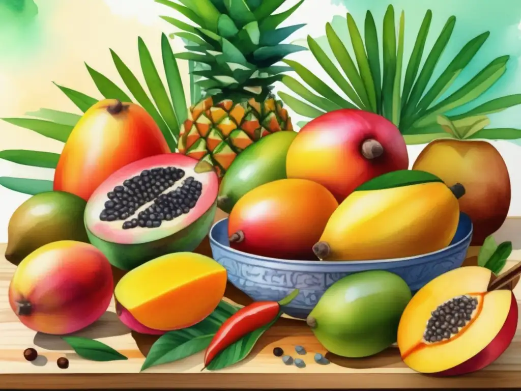 Una cocina tropical vibrante con frutas tropicales y especias de América Latina