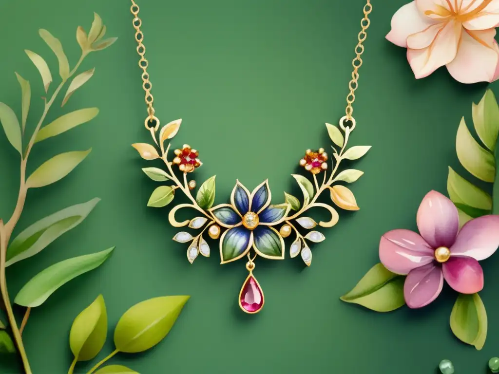 Influencia de plantas en joyería artística: Collar de cadena de enredaderas con flores y gemas brillantes