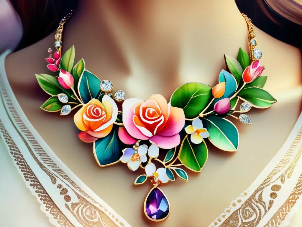 Influencia de plantas en joyería artística: Collar de rosas, orquídeas y hojas en acuarela vibrante