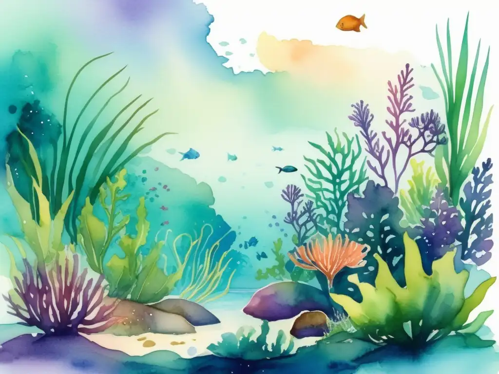 Ilustración acuarela de un exuberante paisaje submarino, donde se originan las plantas en ambiente acuático