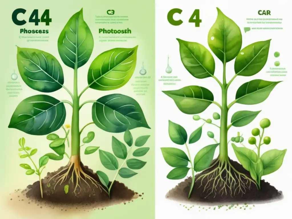 Fotosíntesis en plantas de hábitats diversos: comparativa detallada ilustrada de procesos C3 y C4