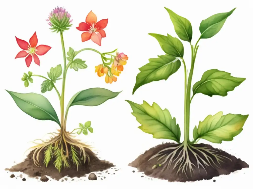 Diferencias entre plantas perennes y anuales: ilustración acuarela detallada de dos plantas, una perenne con follaje exuberante y flores vibrantes, y otra anual en proceso de marchitarse