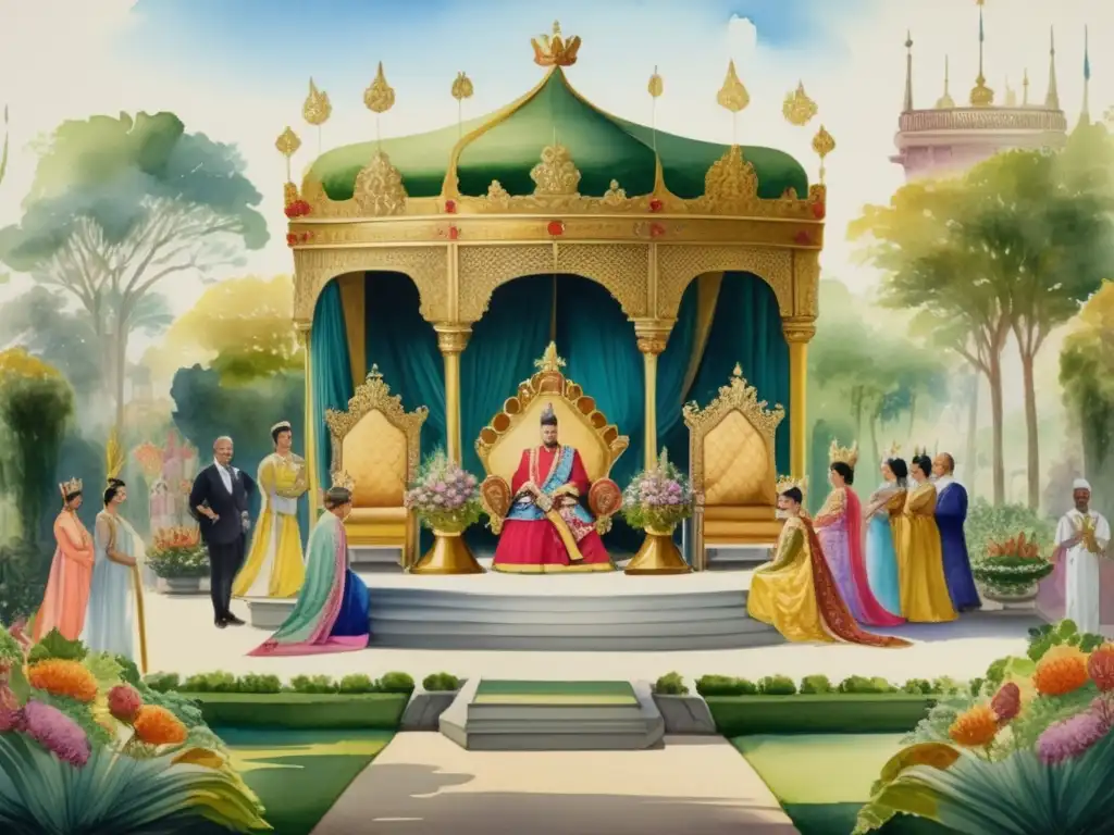 Coronación real en jardín con trono majestuoso rodeado de plantas históricas y asistentes elegantes