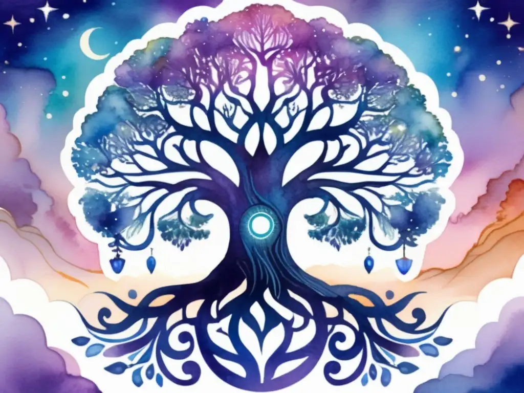 Ilustración acuarela de Yggdrasil, árbol cósmico de la mitología nórdica, en vibrante fondo azul y púrpura