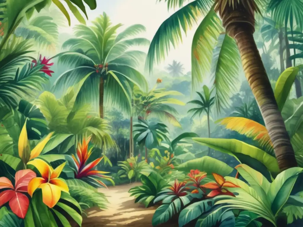 Pintura 8k de bosque tropical vibrante con plantas medicinales tropicales