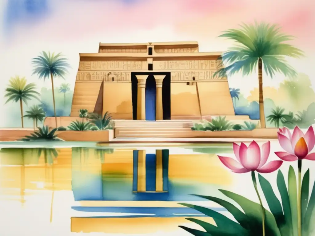 Importancia histórica plantas arquitectura Egipto - Pintura acuarela de un majestuoso templo rodeado de exuberante vegetación en Egipto antiguo