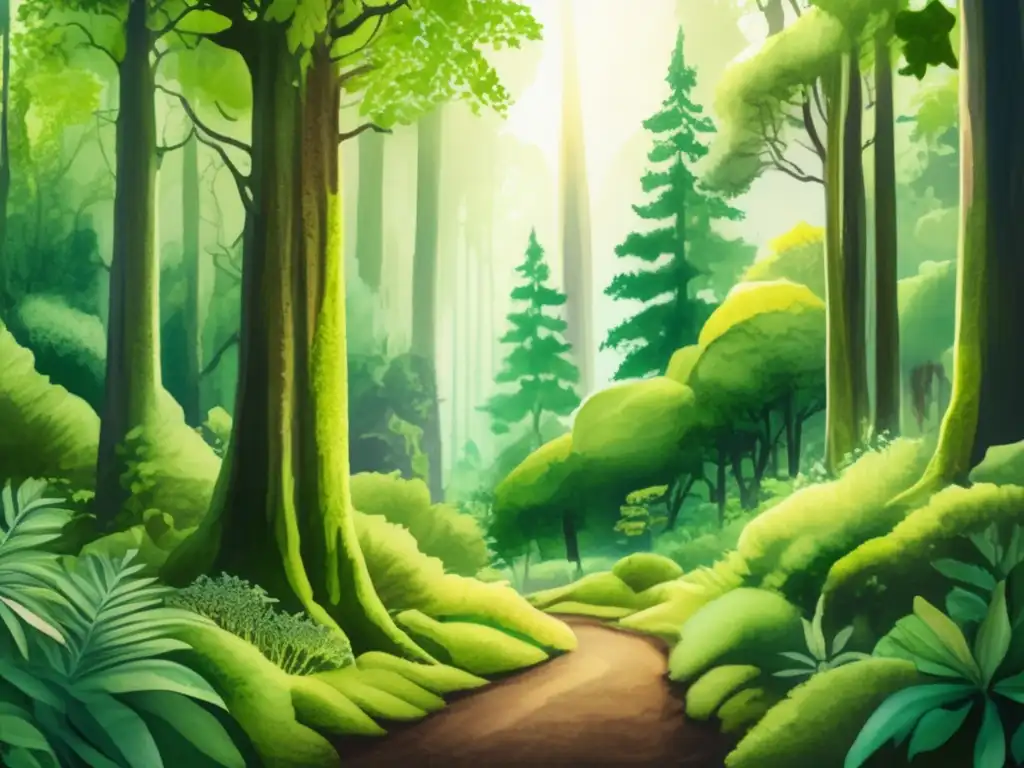 Beneficios de la reforestación global: Hermosa pintura acuarela de un exuberante bosque con árboles verdes, agua cristalina y vida silvestre