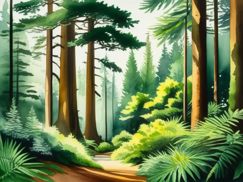 Pintura acuarela detallada de un bosque exuberante con árboles de Taxus dominantes