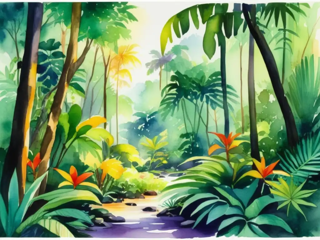 Pintura acuarela vibrante: Bosque tropical exuberante con vida