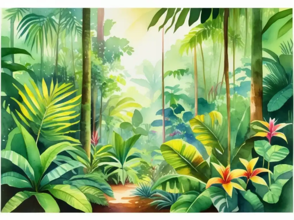 Pintura acuarela vibrante de una exuberante selva tropical con plantas endémicas en flor