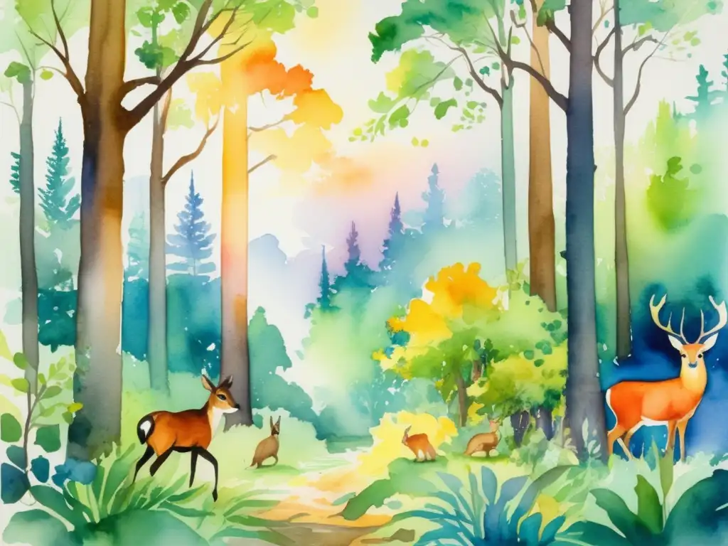 Pintura acuarela de un exuberante bosque con árboles majestuosos, animales y colores vibrantes