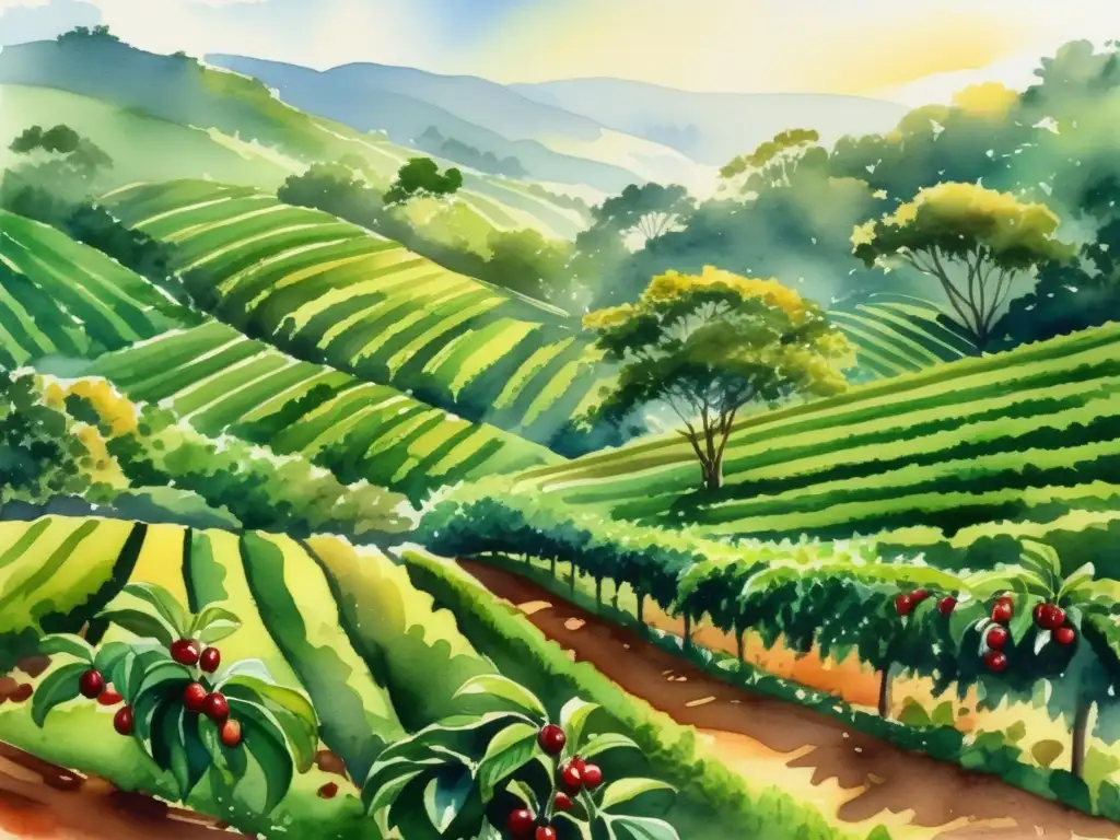 Pintura acuarela de plantación de café, historia y uso culinario del café