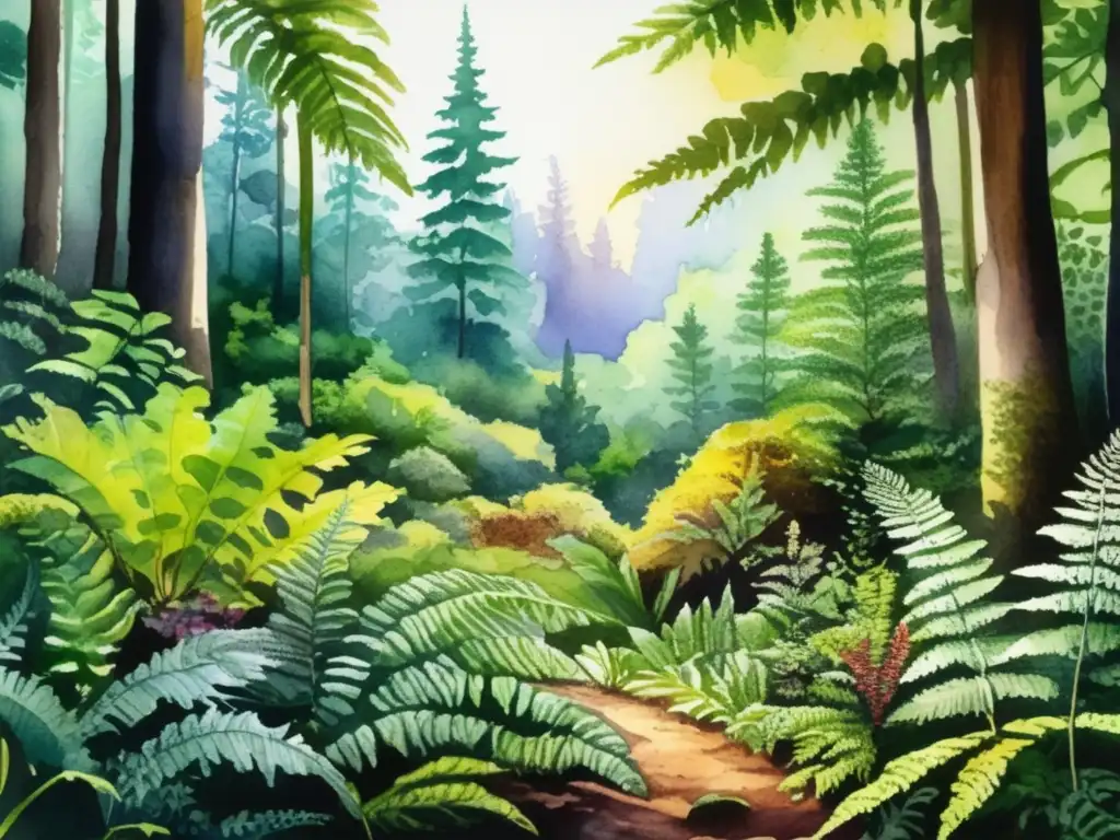 Pintura acuarela de un bosque caducifolio con plantas medicinales y comestibles en adaptación estacional