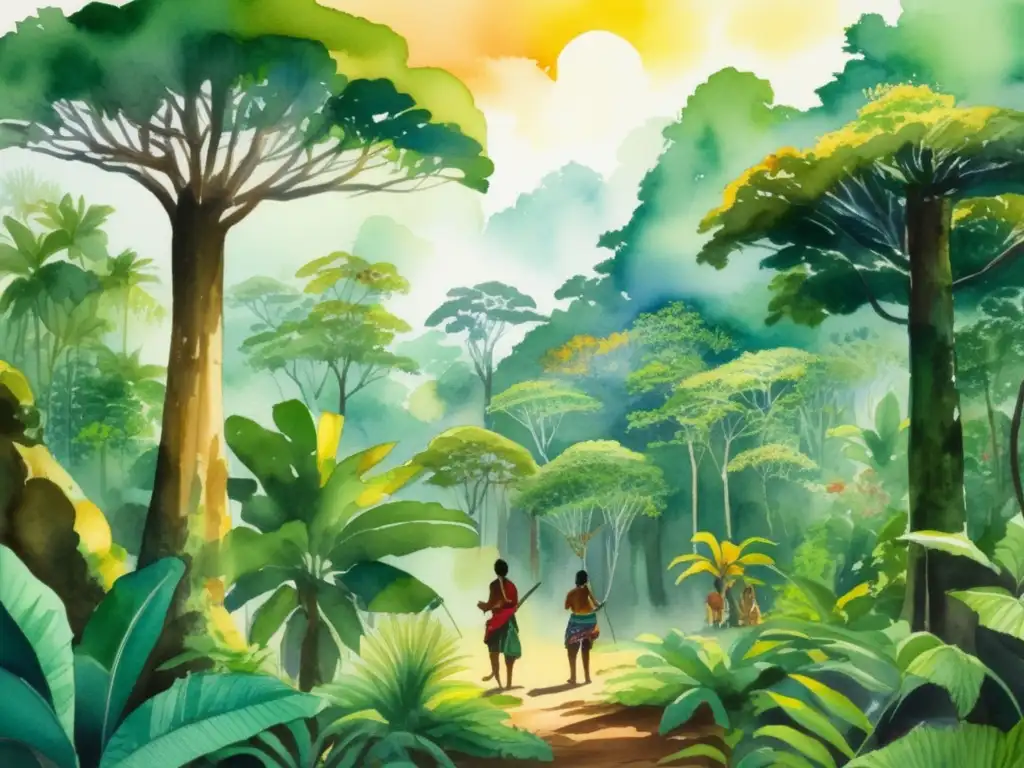 Pintura vibrante de una selva tropical con prácticas ancestrales de reforestación indígenas