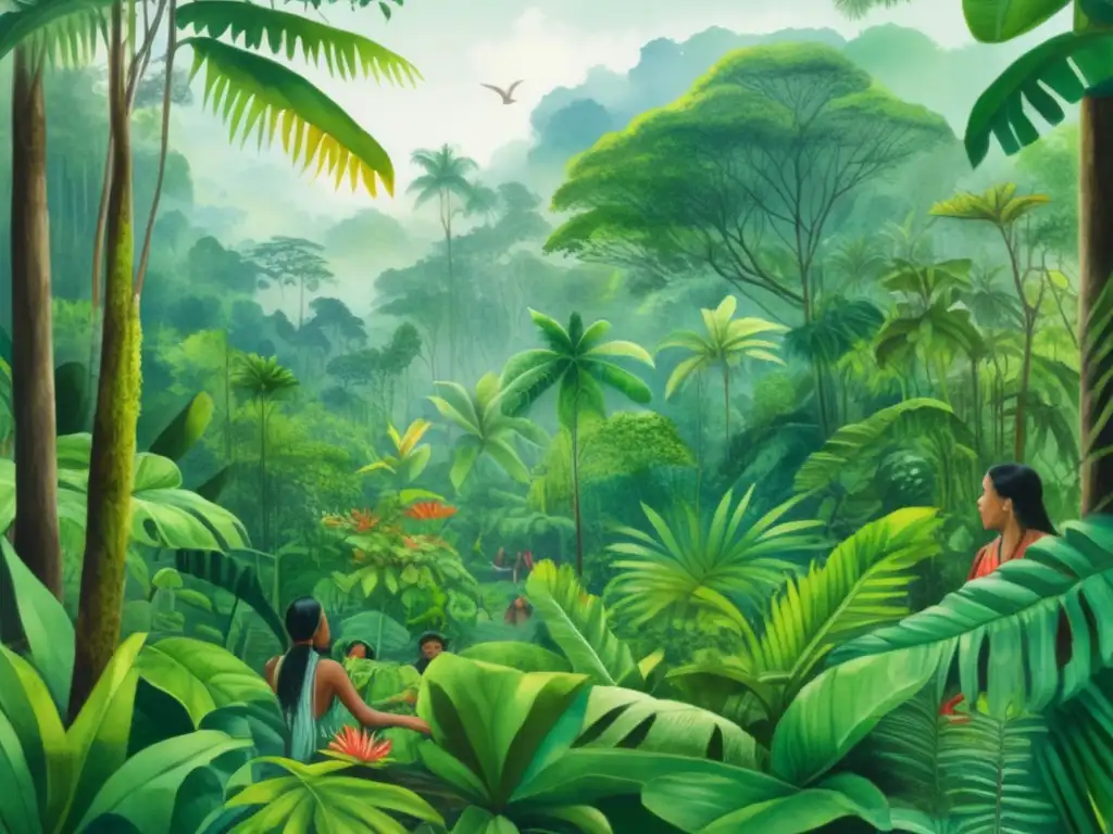 Pintura acuarela de selva vibrante con plantas tóxicas tradiciones indígenas