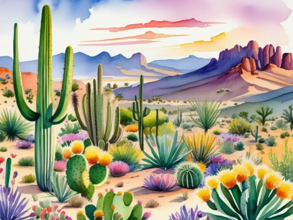 Pintura acuarela de paisaje desértico con plantas beneficiosas