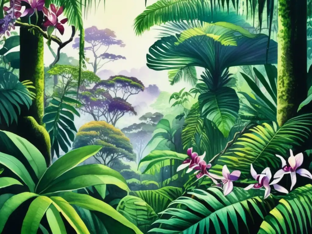 Manipulación genética en flora amazónica: pintura detallada de una exuberante selva tropical con árboles altos y una variedad de plantas coloridas