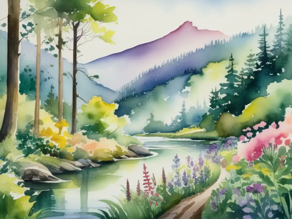 Pintura acuarela detallada de paisaje con flora y fauna diversa