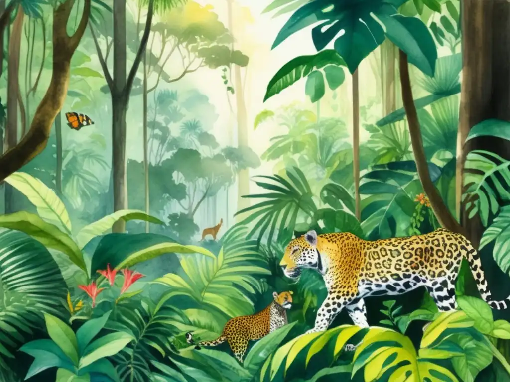 Pintura acuarela detallada de selva tropical: biodiversidad y conservación genética