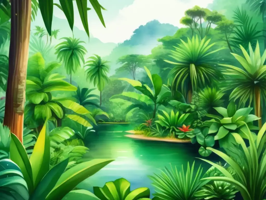 Pintura acuarela 8k detallada de selva tropical con plantas xerofíticas, hidrófitas y montañas nevadas