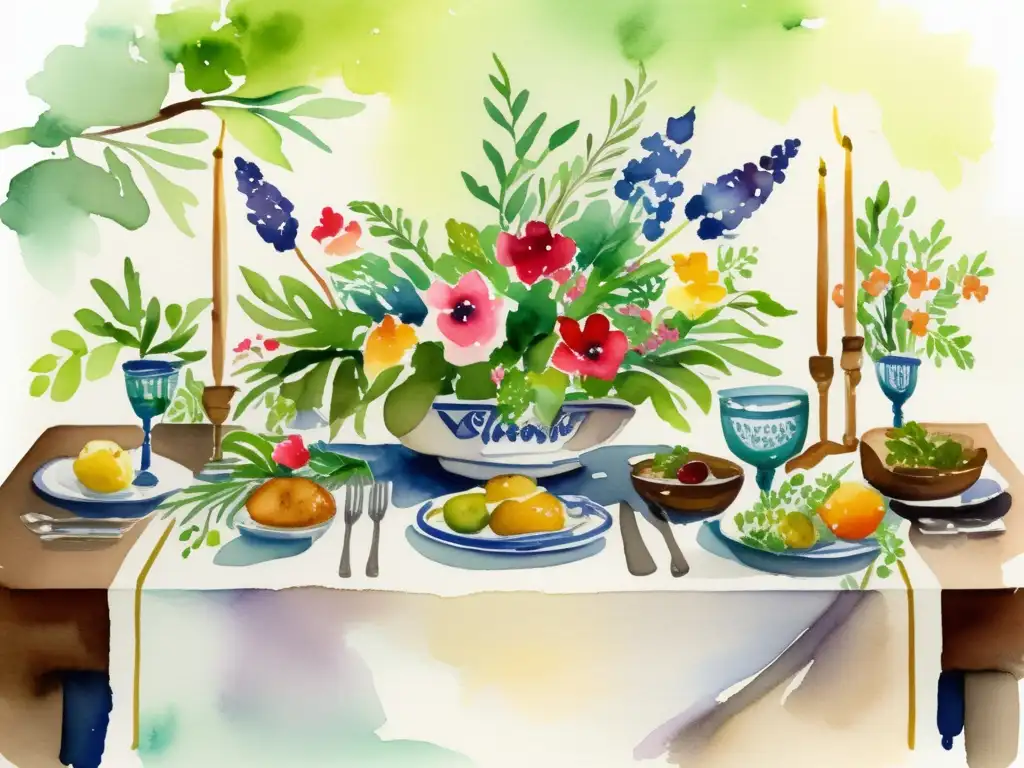 Mesa de Seder decorada con plantas y flores, evocando los usos de las plantas en la Pascua judía