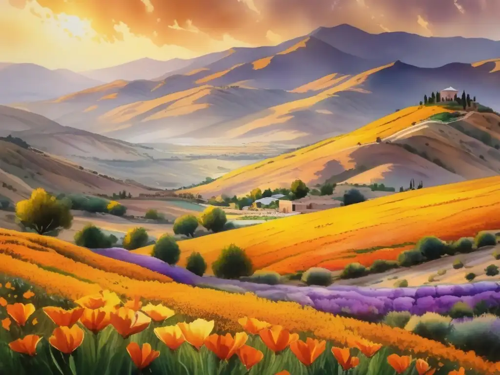 Beneficios económicos del azafrán en Irán: pintura acuarela de flores de azafrán en pleno florecimiento, paisaje pintoresco de colinas