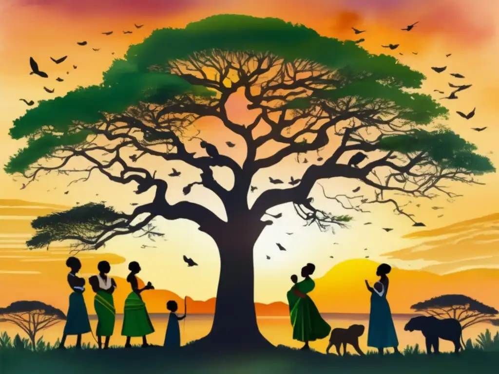 Pintura detallada de un majestuoso árbol Marula en un vibrante atardecer africano - Árbol africano fertilidad longevidad