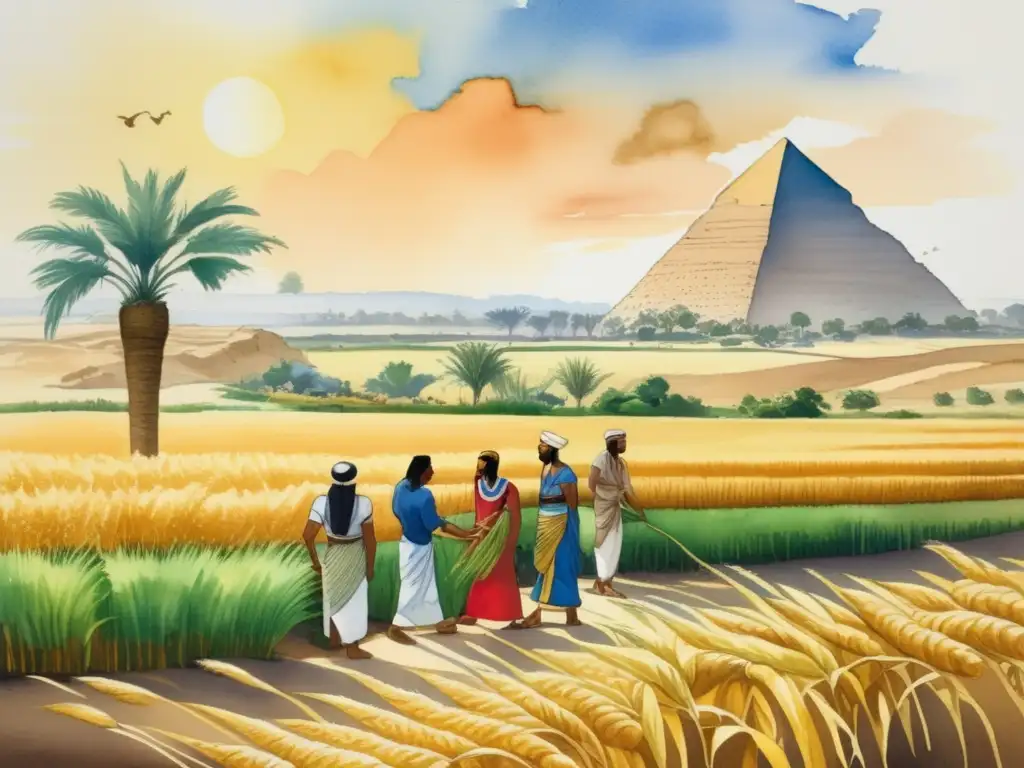 Relevancia cultural cereales antiguo Egipto: Paisaje acuarela detallado de cultivos cerealeros en Egipto, con granjeros en ropa tradicional