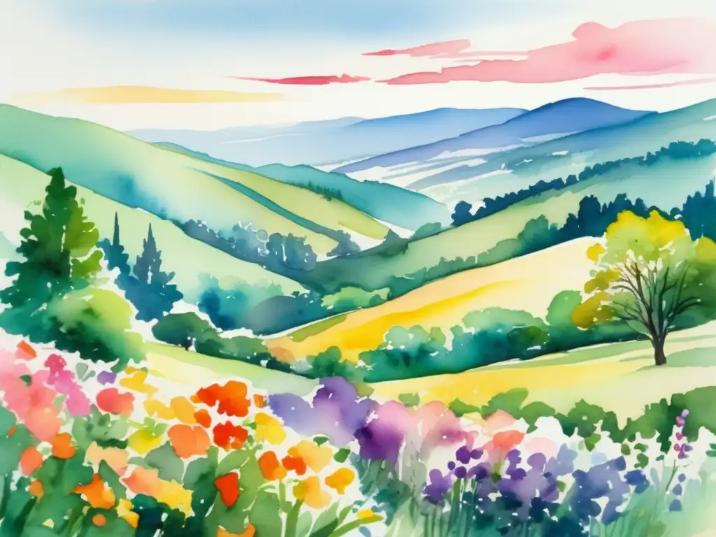 Guía completa estudio fenológico: paisaje vibrante y colorido con flores, árboles altos y colinas, pintura acuarela tranquilizante